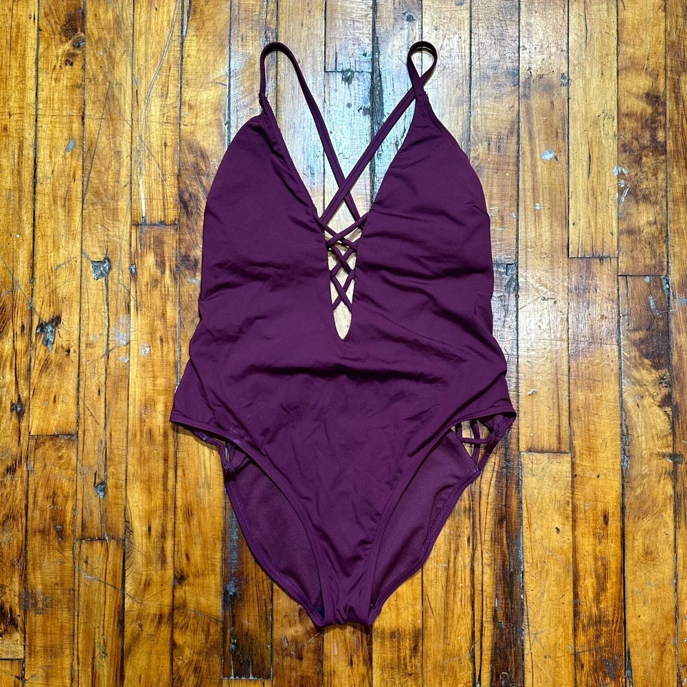 Kenneth Cole New York One Piece Swimsuit Women's Large Burgundy Plunge Neck